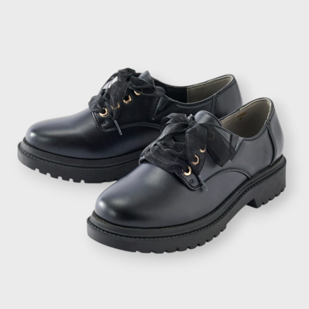 Black Derby Shoes with Ribbon Bow