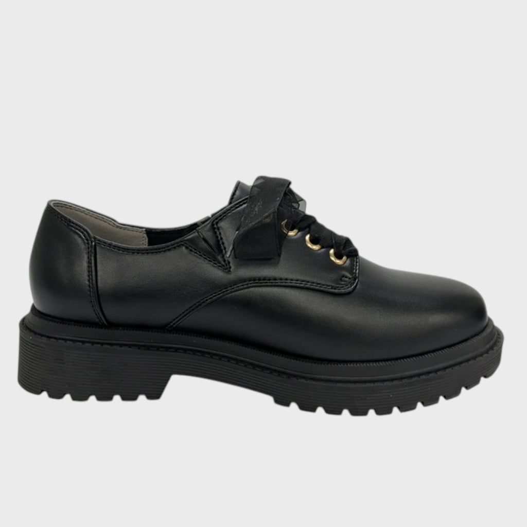 Black Derby Shoes with Ribbon Bow