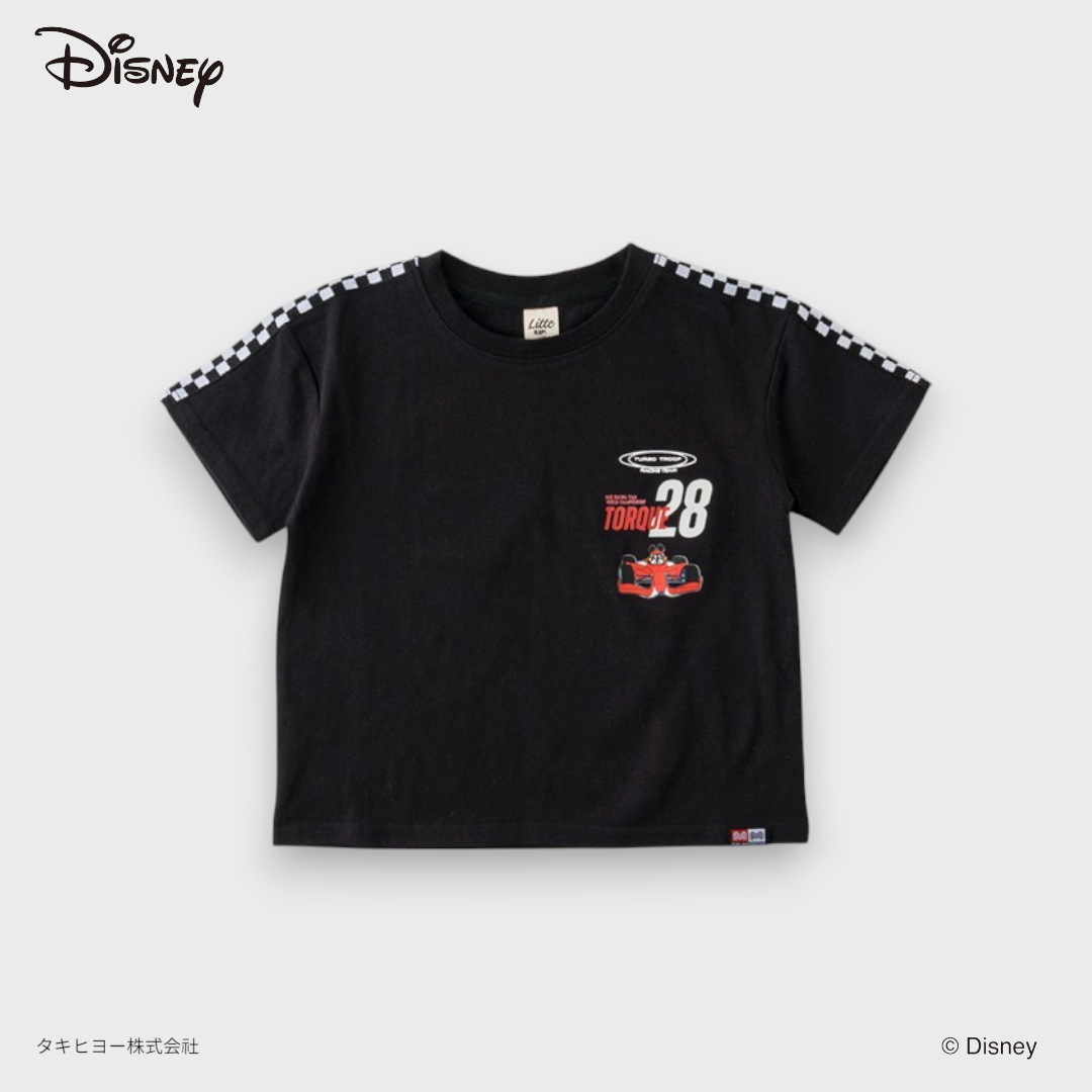 KIDS DISNEY MICKEY MOUSE RACING T-SHIRT – BLACK CHECKER-TRIM GRAPHIC TEE WITH BACK PRINT (140-160CM)