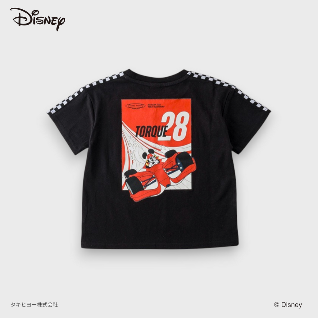 KIDS DISNEY MICKEY MOUSE RACING T-SHIRT – BLACK CHECKER-TRIM GRAPHIC TEE WITH BACK PRINT (140-160CM)