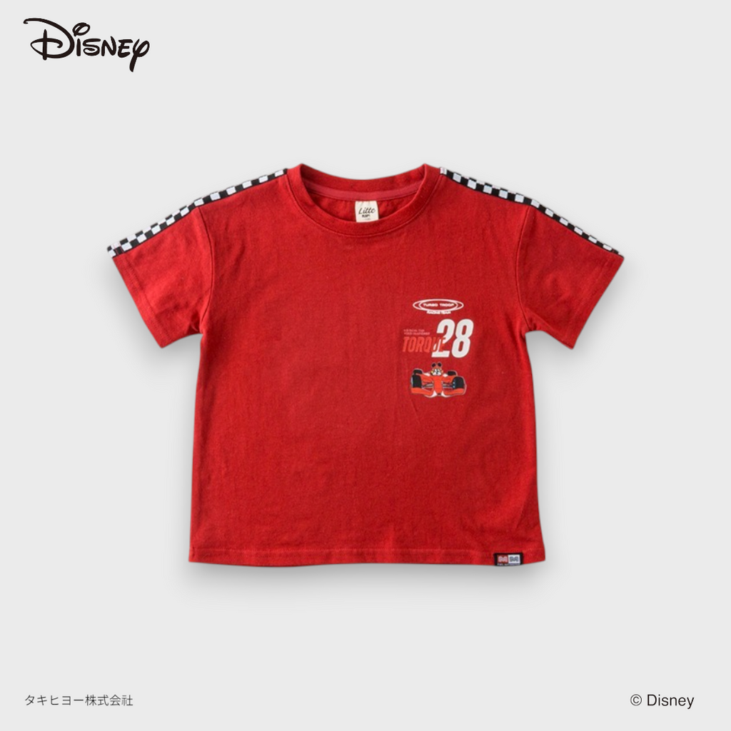 KIDS DISNEY MICKEY MOUSE RACING T-SHIRT – BLACK CHECKER-TRIM GRAPHIC TEE WITH BACK PRINT (140-160CM)