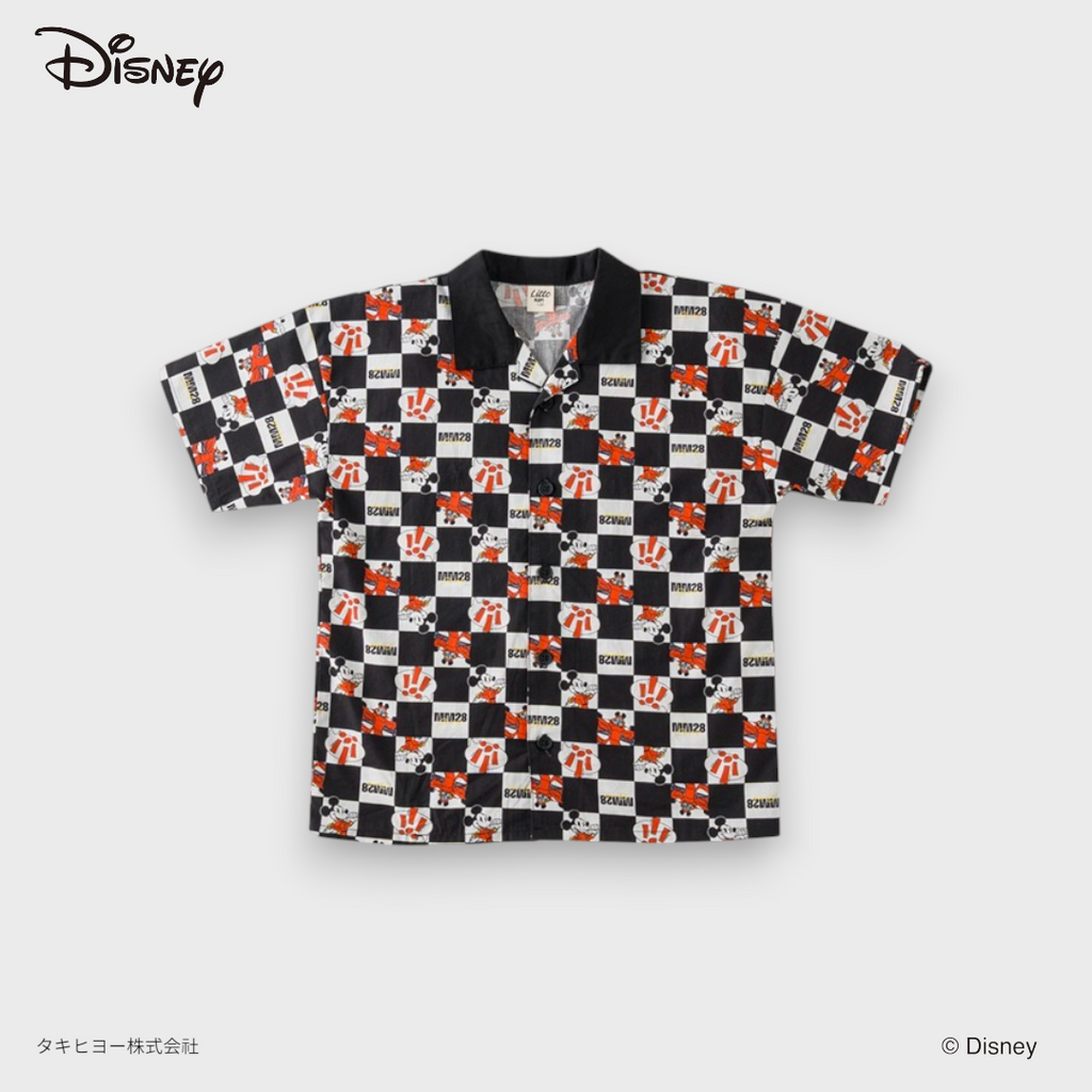 Kids (Size 110-130) Disney Mickey Mouse Racing Hawaiian Shirt for Cool Boys Checkerboard