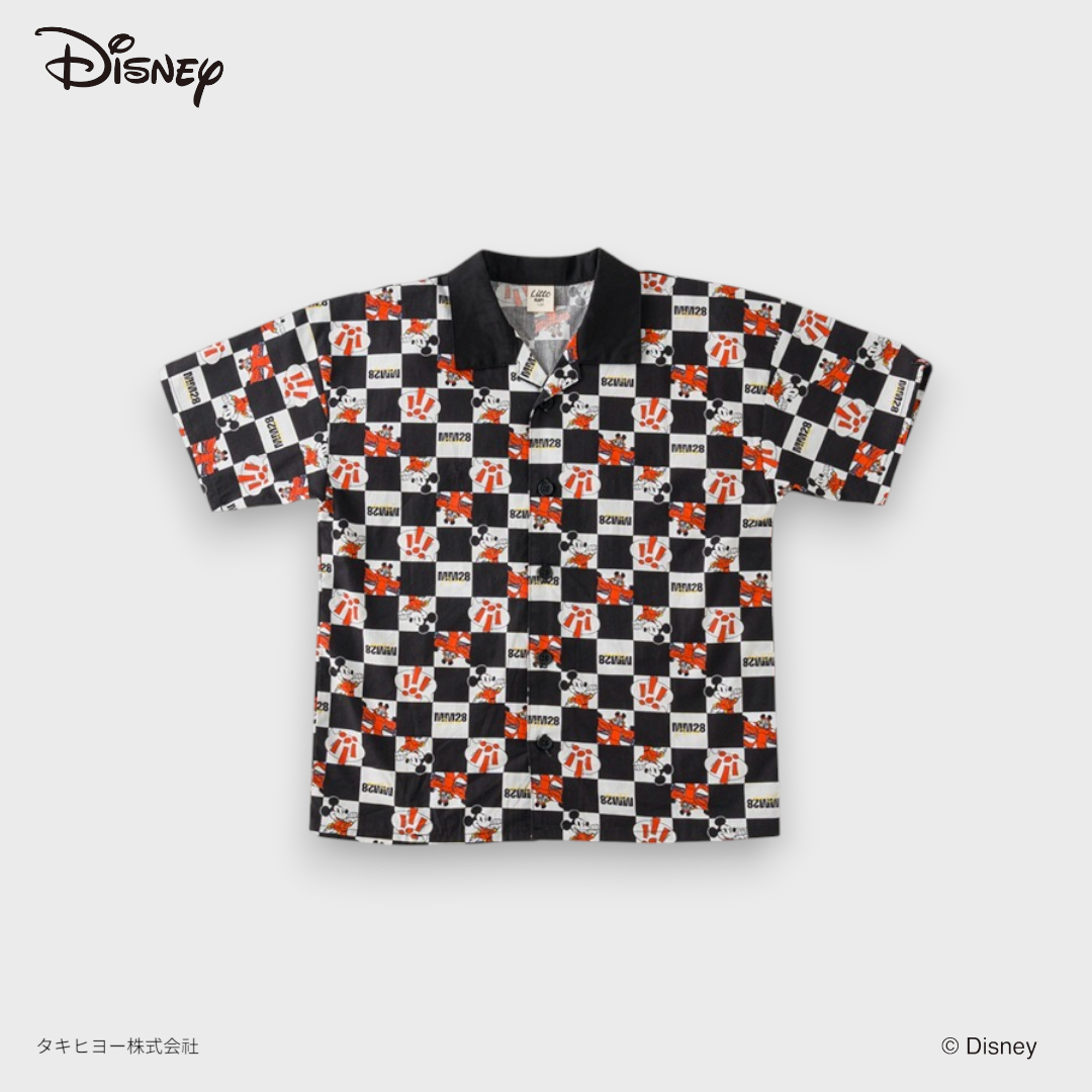Kids (Size 110-130) Disney Mickey Mouse Racing Hawaiian Shirt for Cool Boys Checkerboard