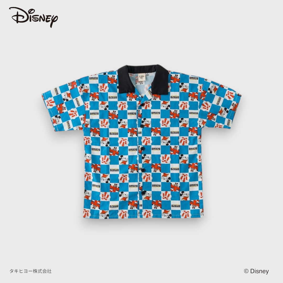 Kids (Size 110-130) Disney Mickey Mouse Racing Hawaiian Shirt for Cool Boys Checkerboard
