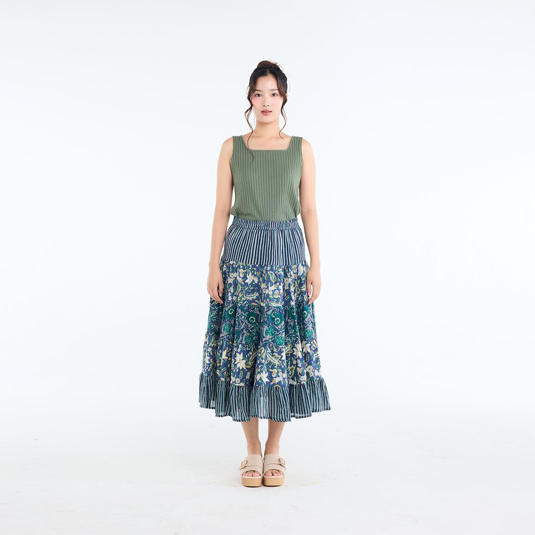 PATCHWORK FLORAL TIERED SKIRT – FLOWY EVERYDAY SKIRT WITH MIXED PRINT CHARM