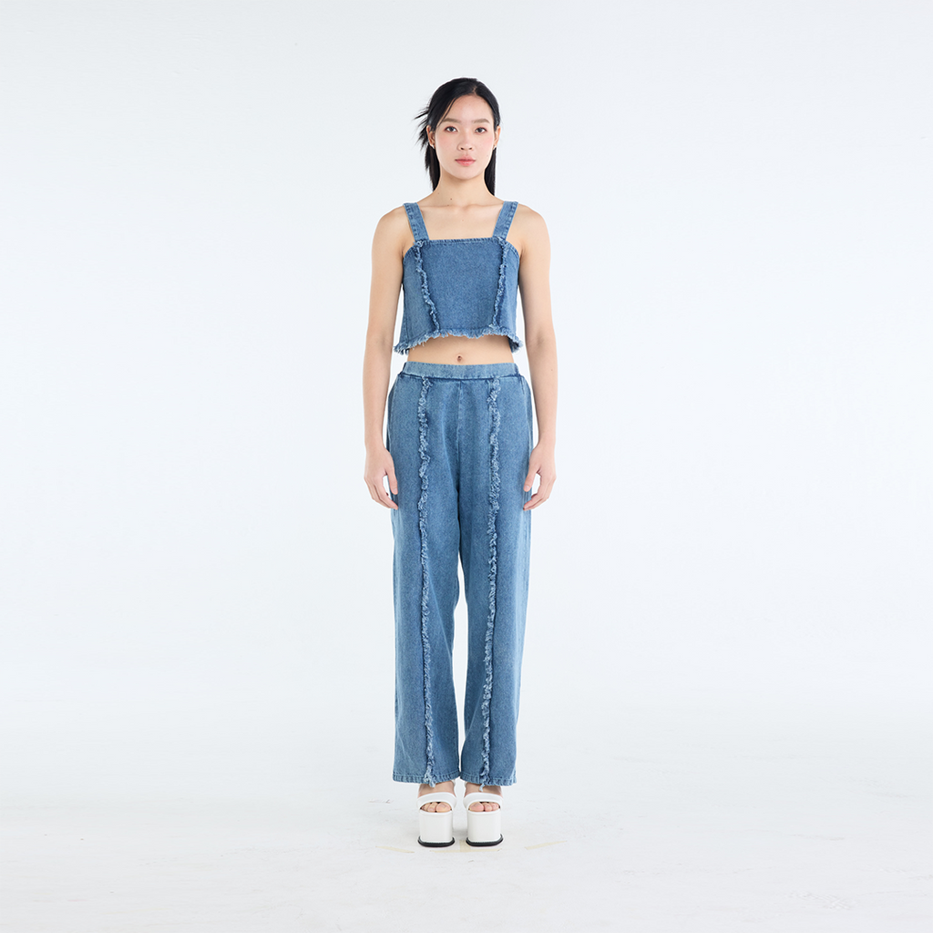 RAW-EDGE DENIM CROP TOP & RELAXED PANTS SET