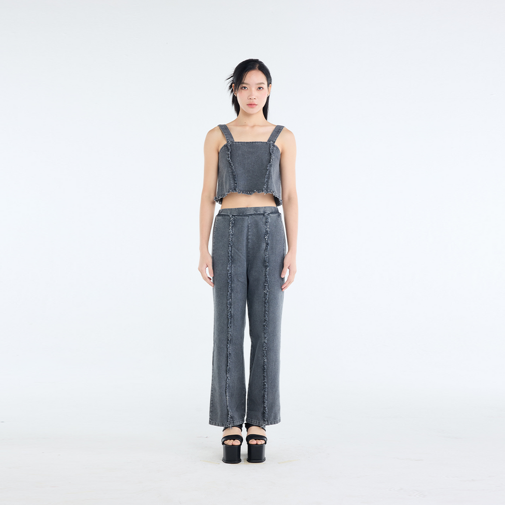 RAW-EDGE DENIM CROP TOP & RELAXED PANTS SET