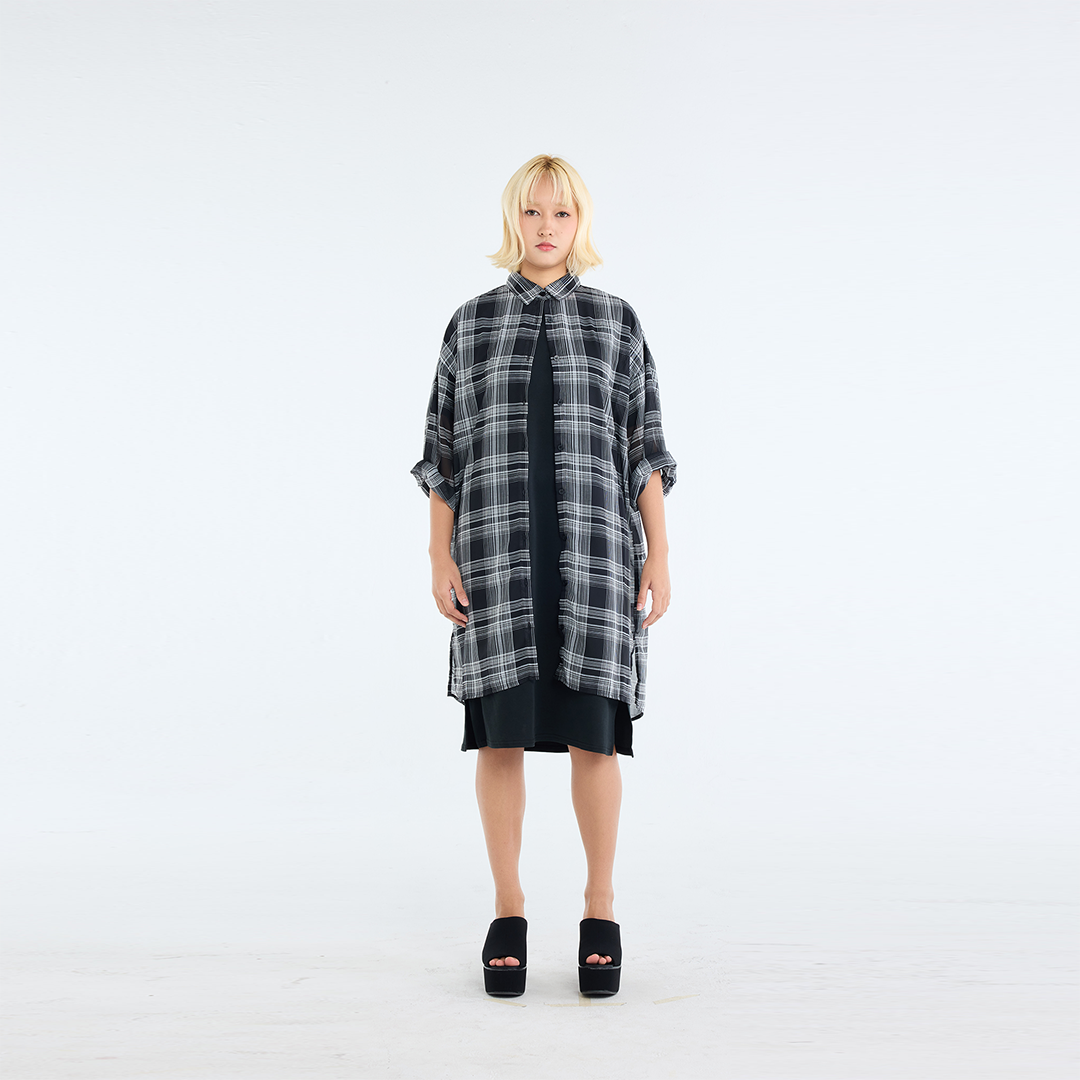 LADIES SHEER CHECK LONG SHIRT BLACK