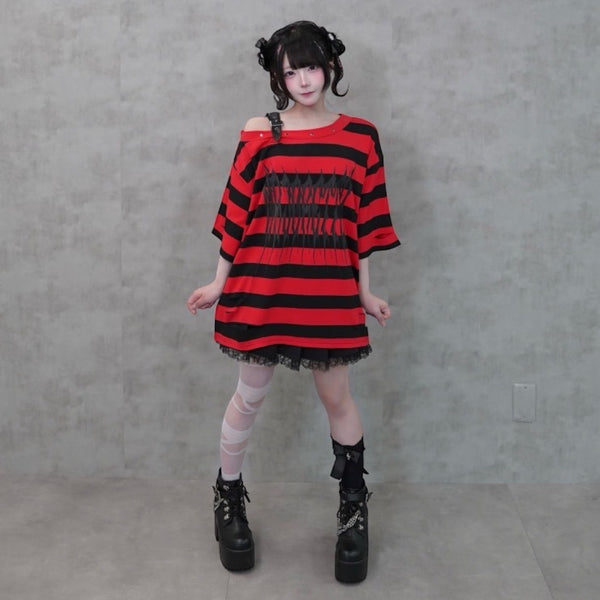Majoretty - Red & Black Striped Off-Shoulder Crop Top with Studded Collar