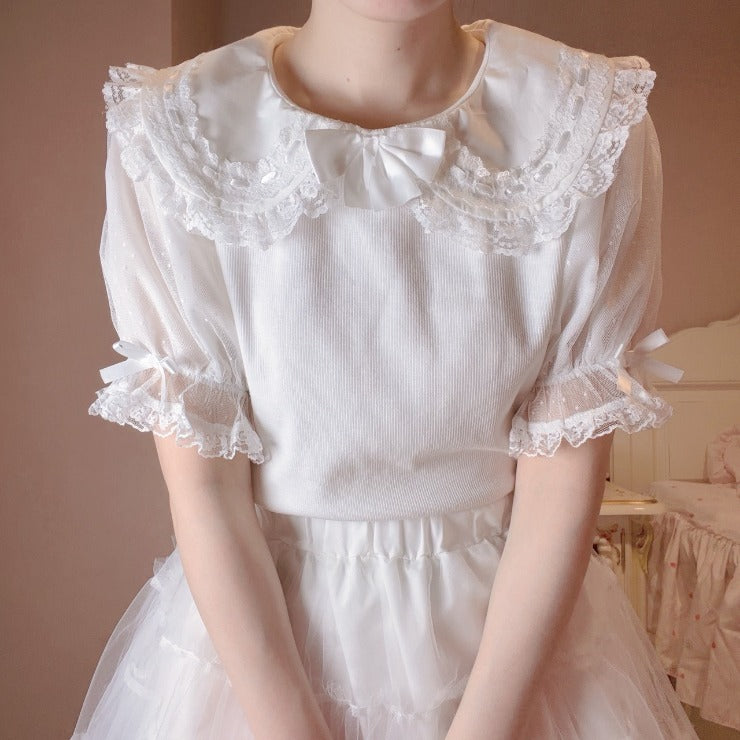 MajorettyxMayuron san LACE COLLAR SHEER-SLEEVE PULLOVER