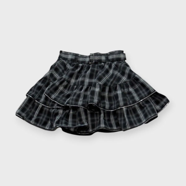 Majoretty - Grey Plaid Double-Tier Mini Skirt with Silver Trim & Matching Belt