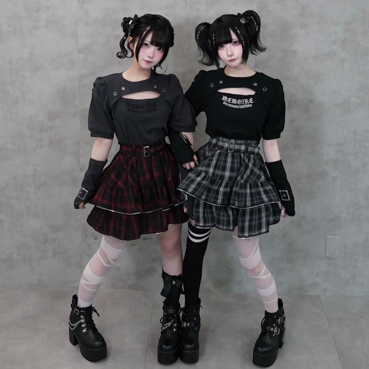Majoretty - กระโปรงสั้นลายสก๊อตสีแดงทรงระบายสองชั้น แฟชั่นญี่ปุ่นสุดคิ้วท์