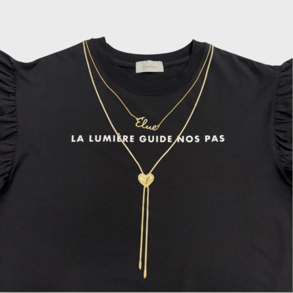 RUFFLE-SLEEVE NECKLACE PRINT PULLOVER