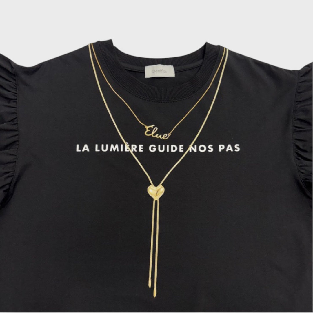 RUFFLE-SLEEVE NECKLACE PRINT PULLOVER