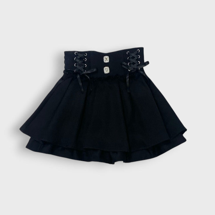 Majoretty x Kokone - Corset Skirt High-Waisted Lace-Up Black Skirt in Jirai Kei Style