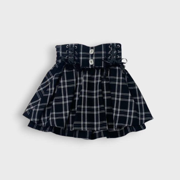Majoretty x Kokone - Corset Skirt High-Waisted Lace-Up  Black Plaid Skirt in Jirai Kei Style