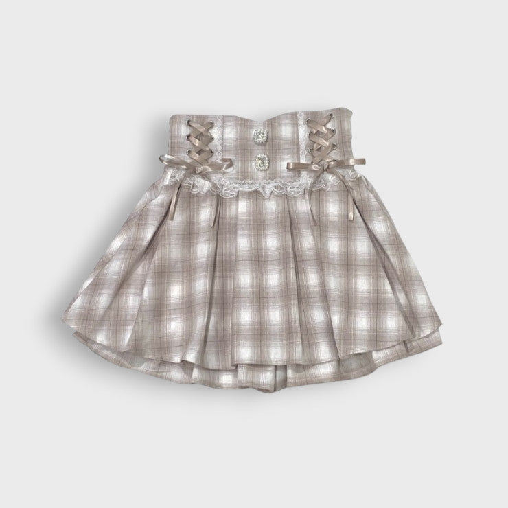Majoretty x Kokone - Corset Skirt High-Waisted Lace-Up Cream Plaid Skirt in Jirai Kei Style