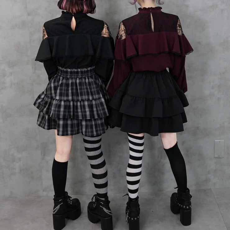 GOTHIC PLAID TIERED BUCKLE STRAP MINI SKIRT (MAJORETTY)