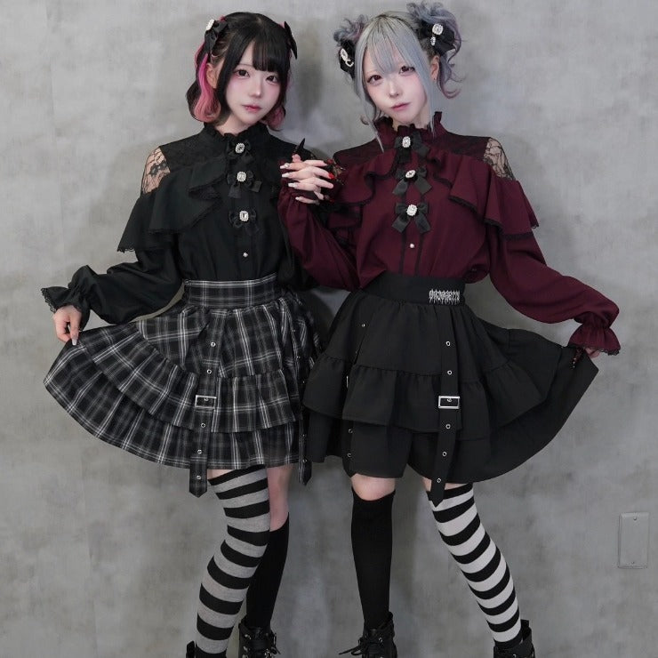 GOTHIC PLAID TIERED BUCKLE STRAP MINI SKIRT (MAJORETTY)