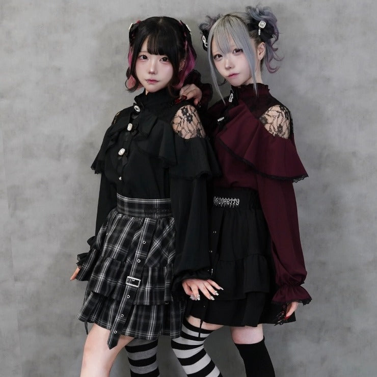 GOTHIC PLAID TIERED BUCKLE STRAP MINI SKIRT (MAJORETTY)