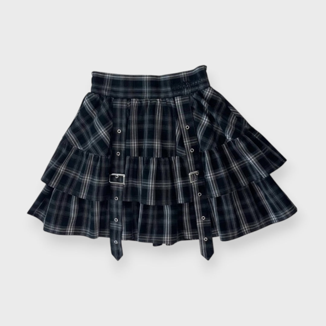 GOTHIC PLAID TIERED BUCKLE STRAP MINI SKIRT (MAJORETTY)