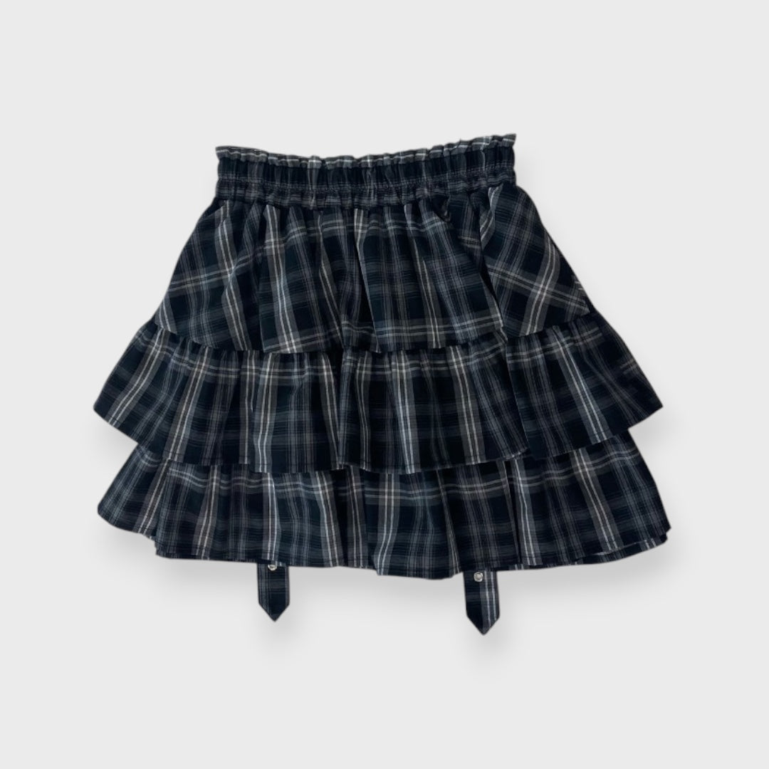 GOTHIC PLAID TIERED BUCKLE STRAP MINI SKIRT (MAJORETTY)