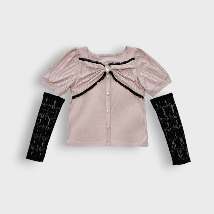 Majoretty x Kokone - เสื้อเบาส์ผ้ายืด แต่งโบว์หัวใจสไตล์ Jirai Kei สุดคิ้วท์จากญี่ปุ่น