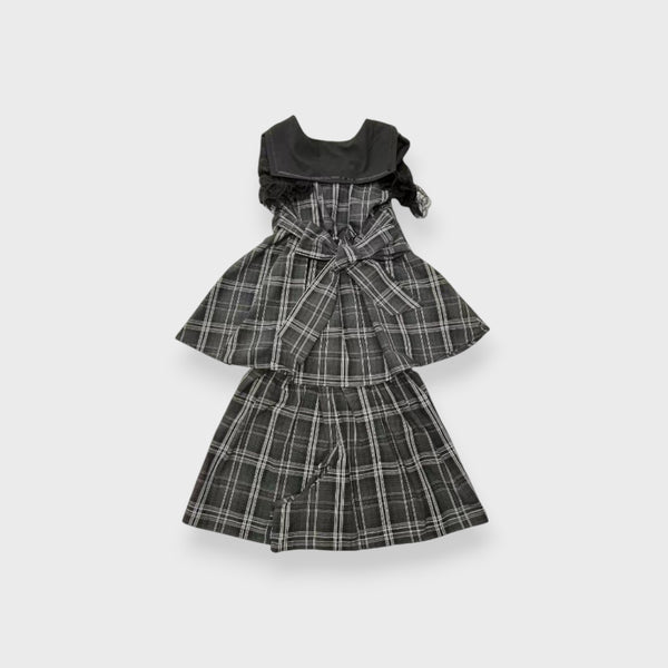 Majoretty - Black Lace Set Plaid Sailor Blouse & High-Waist Shorts Set