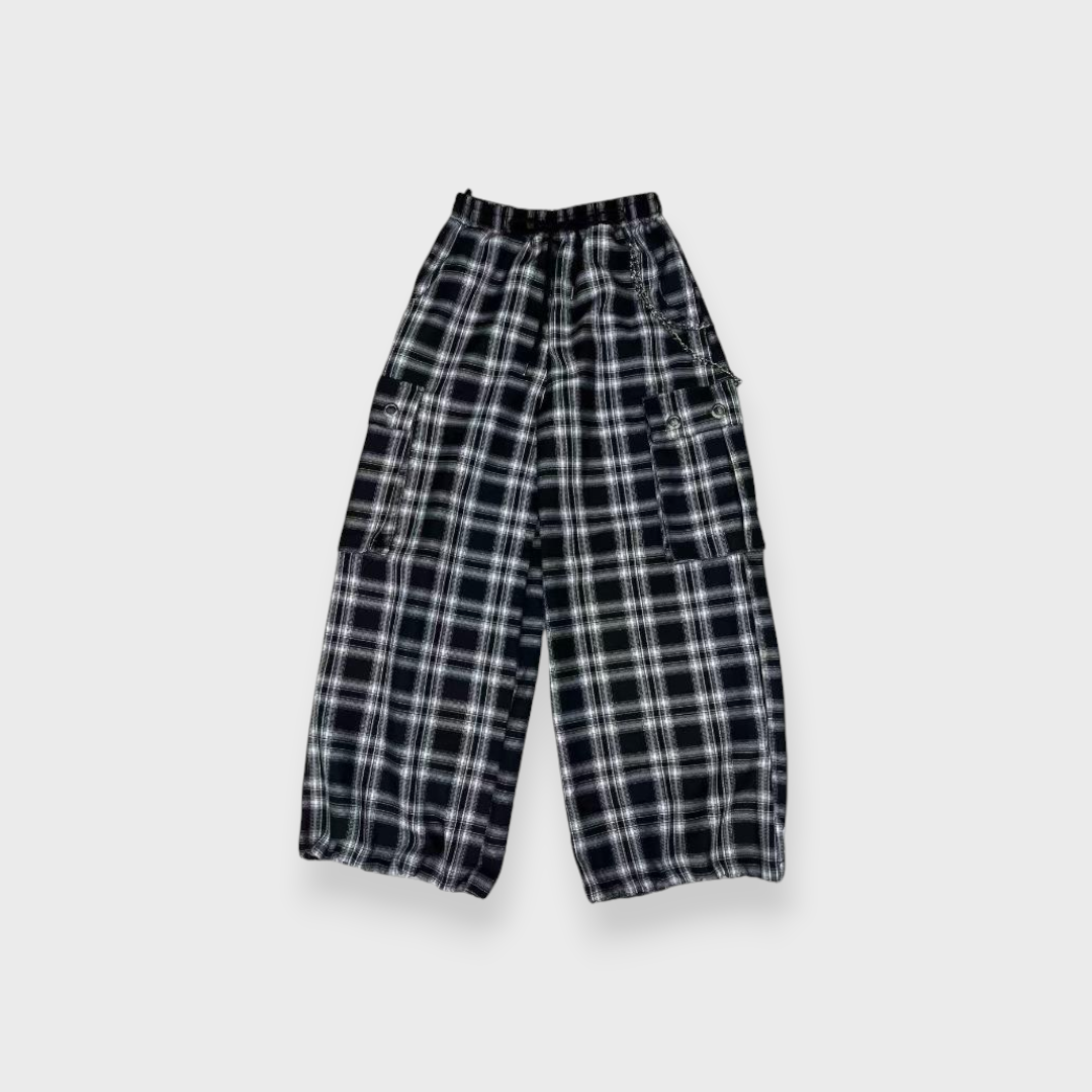 Ladies Majoretty Wide-Leg Tartan Cargo Pants (Black & White)