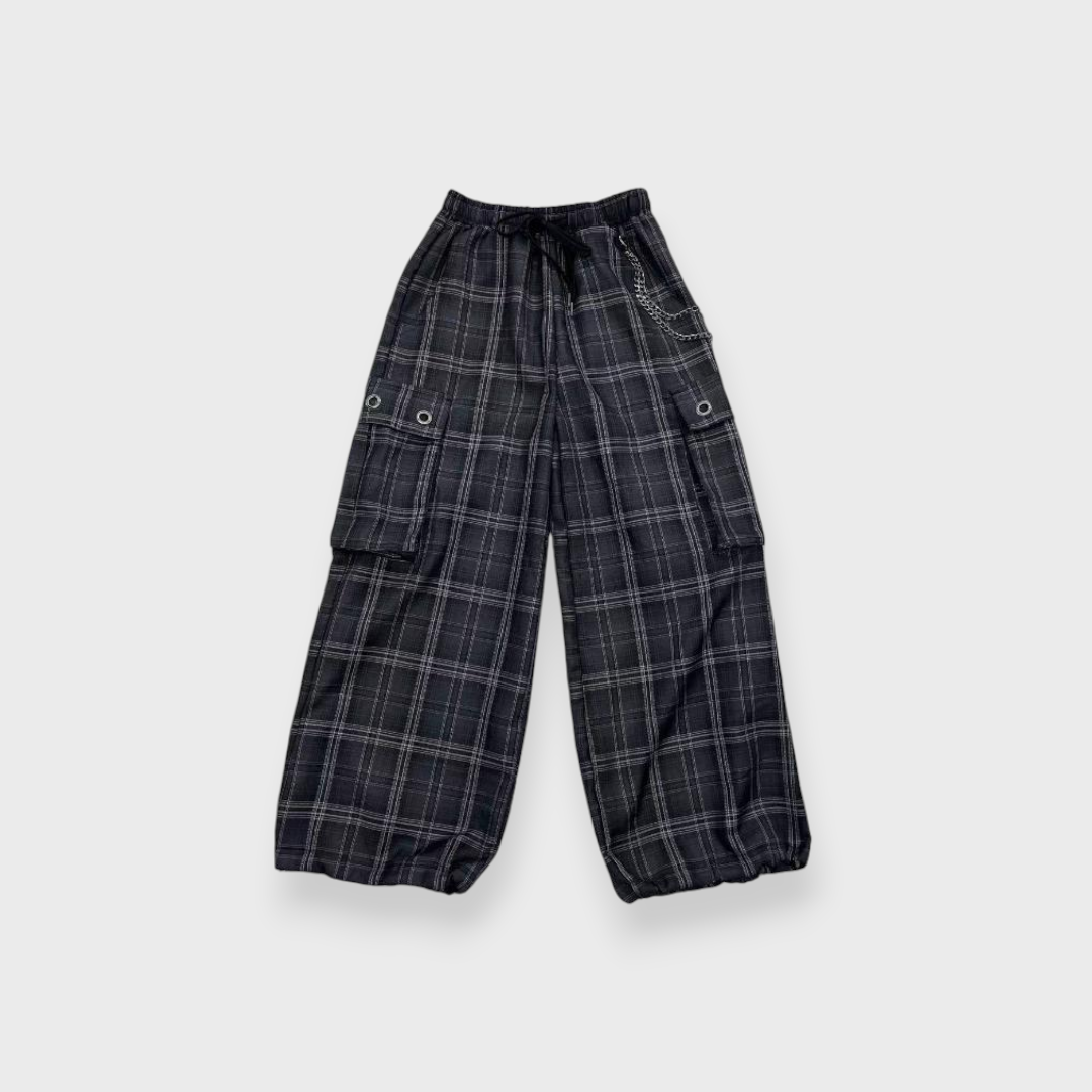 Ladies Majoretty Wide-Leg Tartan Cargo Pants (Charcoal)