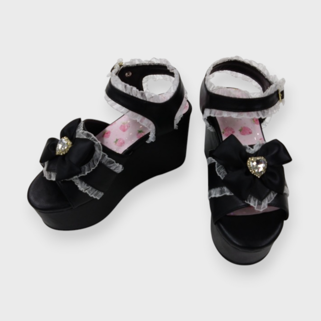LADIES BIJOU RIBBON FRILL PLATFORM WEDGE SANDALS MAJORETTY