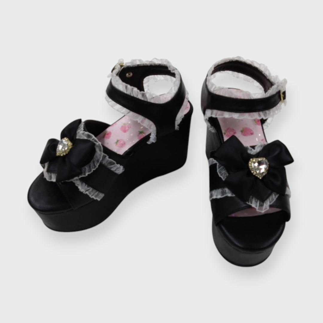 LADIES BIJOU RIBBON FRILL PLATFORM WEDGE SANDALS MAJORETTY