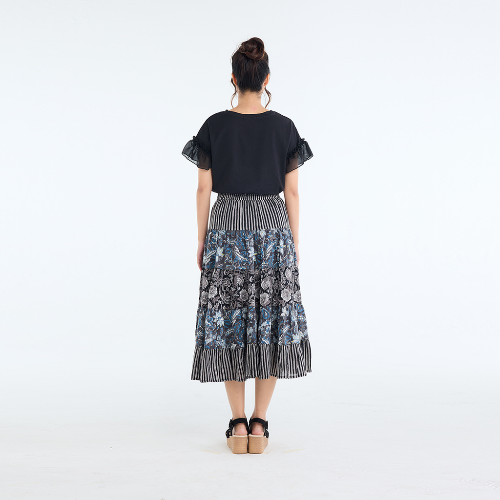 PATCHWORK FLORAL TIERED SKIRT – FLOWY EVERYDAY SKIRT WITH MIXED PRINT CHARM