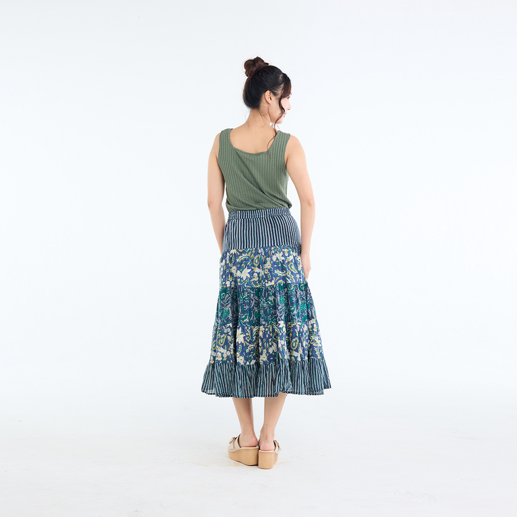 PATCHWORK FLORAL TIERED SKIRT – FLOWY EVERYDAY SKIRT WITH MIXED PRINT CHARM
