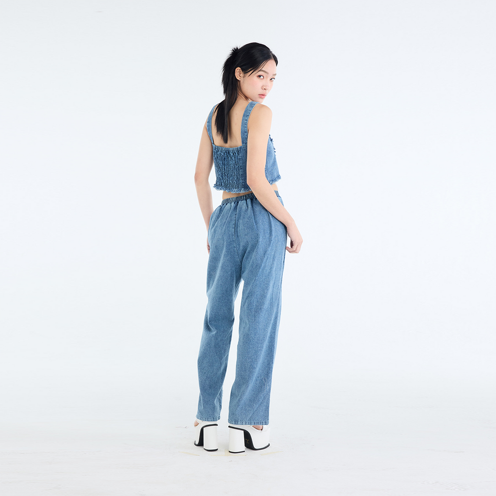 RAW-EDGE DENIM CROP TOP & RELAXED PANTS SET