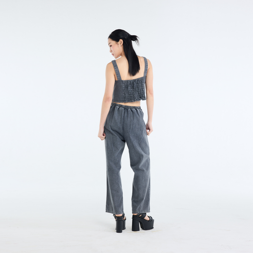 RAW-EDGE DENIM CROP TOP & RELAXED PANTS SET