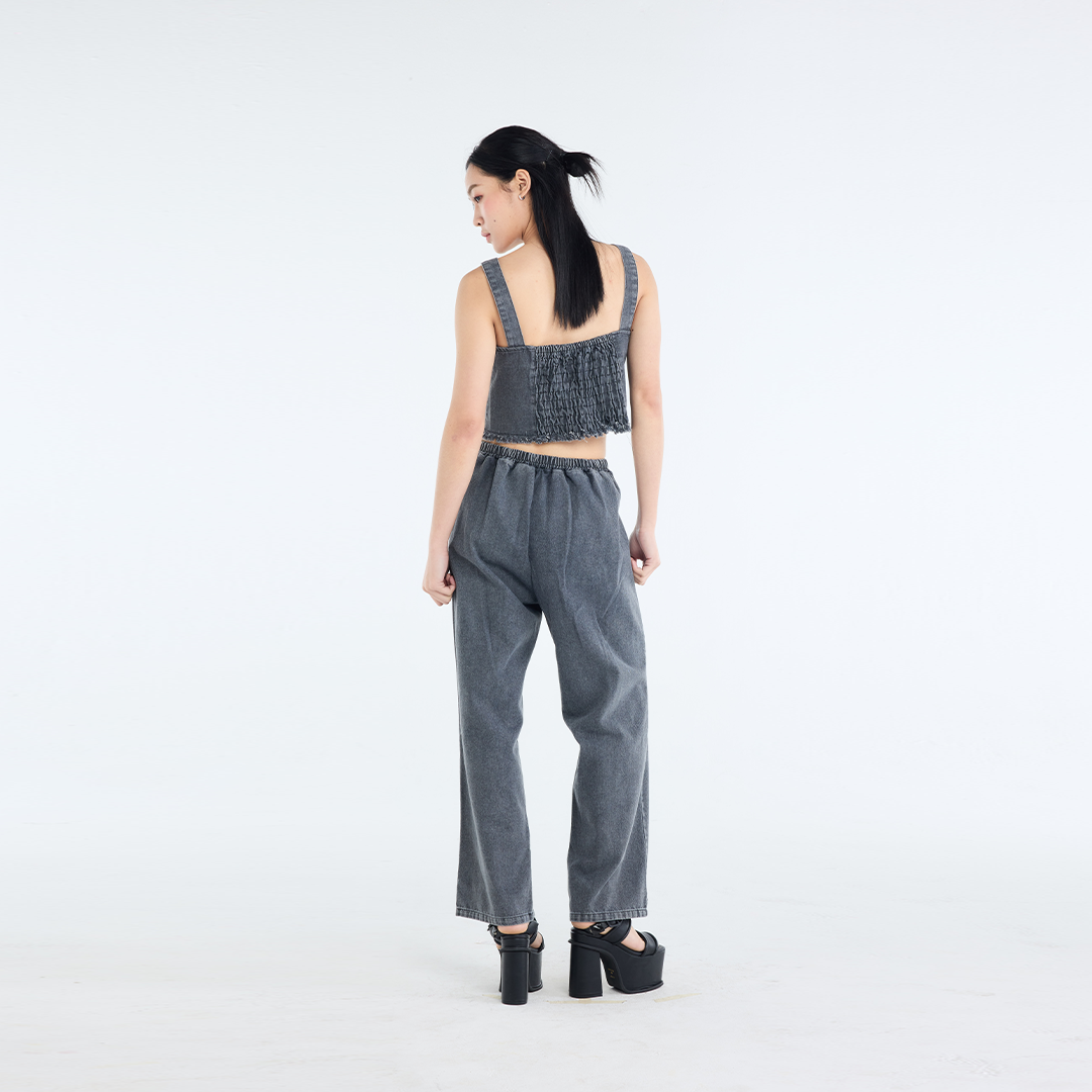 RAW-EDGE DENIM CROP TOP & RELAXED PANTS SET