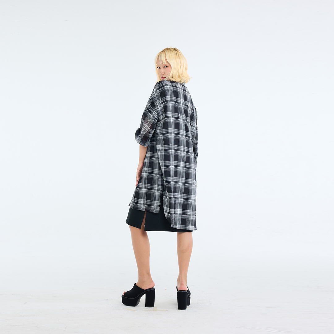 LADIES SHEER CHECK LONG SHIRT BLACK