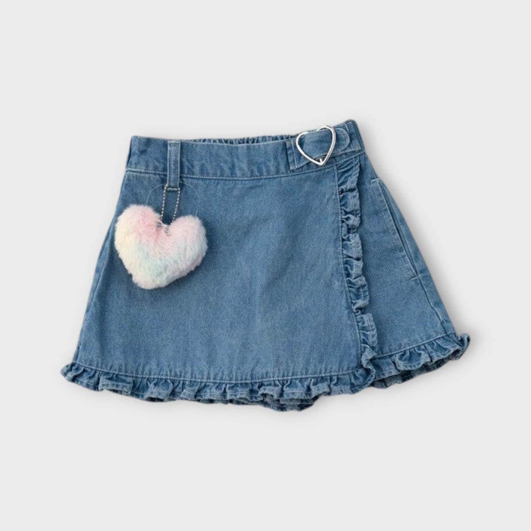 Junior Denim Skirt for Girls – Soft Cotton Jean Skirt Shorts with Pastel Heart Keychain