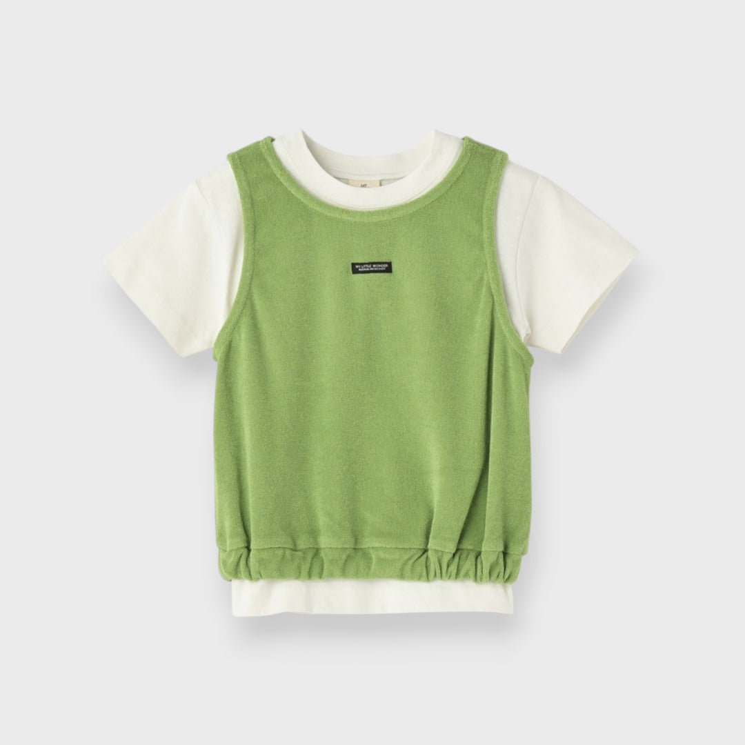 LAYERED T-SHIRT & GREEN VEST SET (130CM）