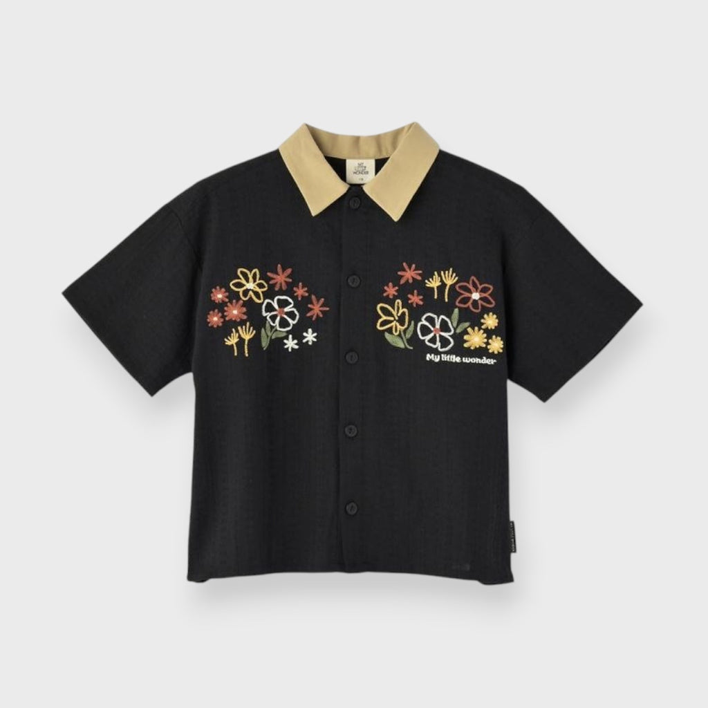 BICOLOR COLLAR FLOWER EMBROIDERY SHIRT (90CM）