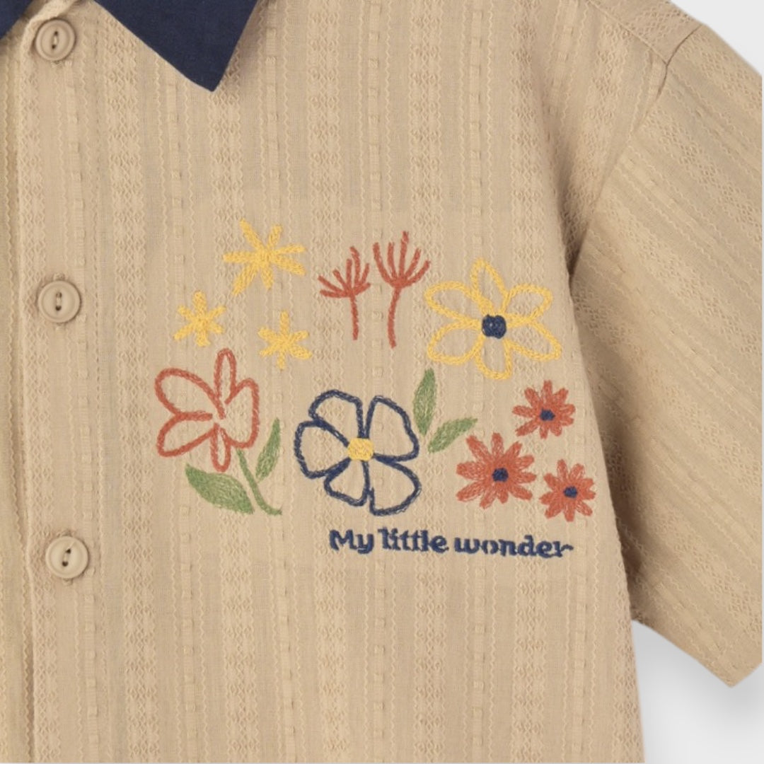BICOLOR COLLAR FLOWER EMBROIDERY SHIRT (130CM）