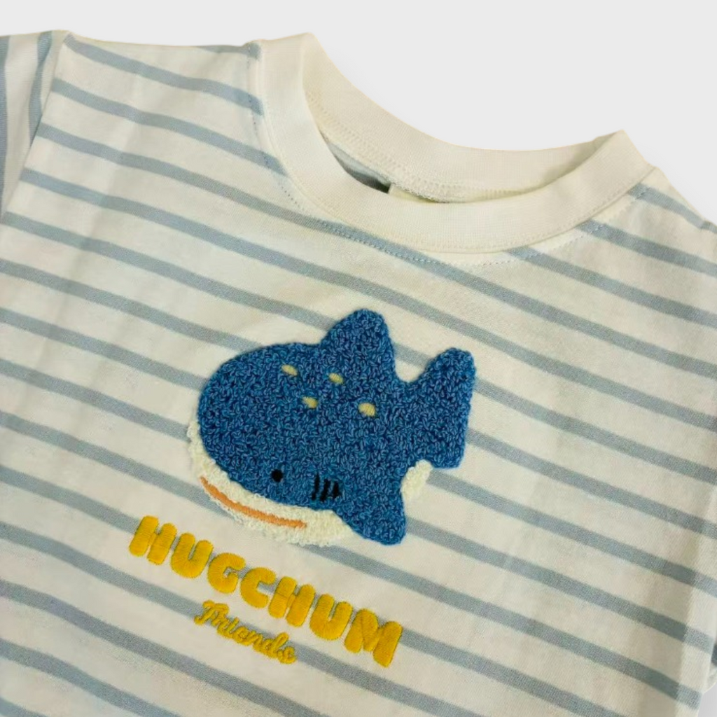 Kids (Size90cm) Shark Chenille-Embroidery Striped Tee