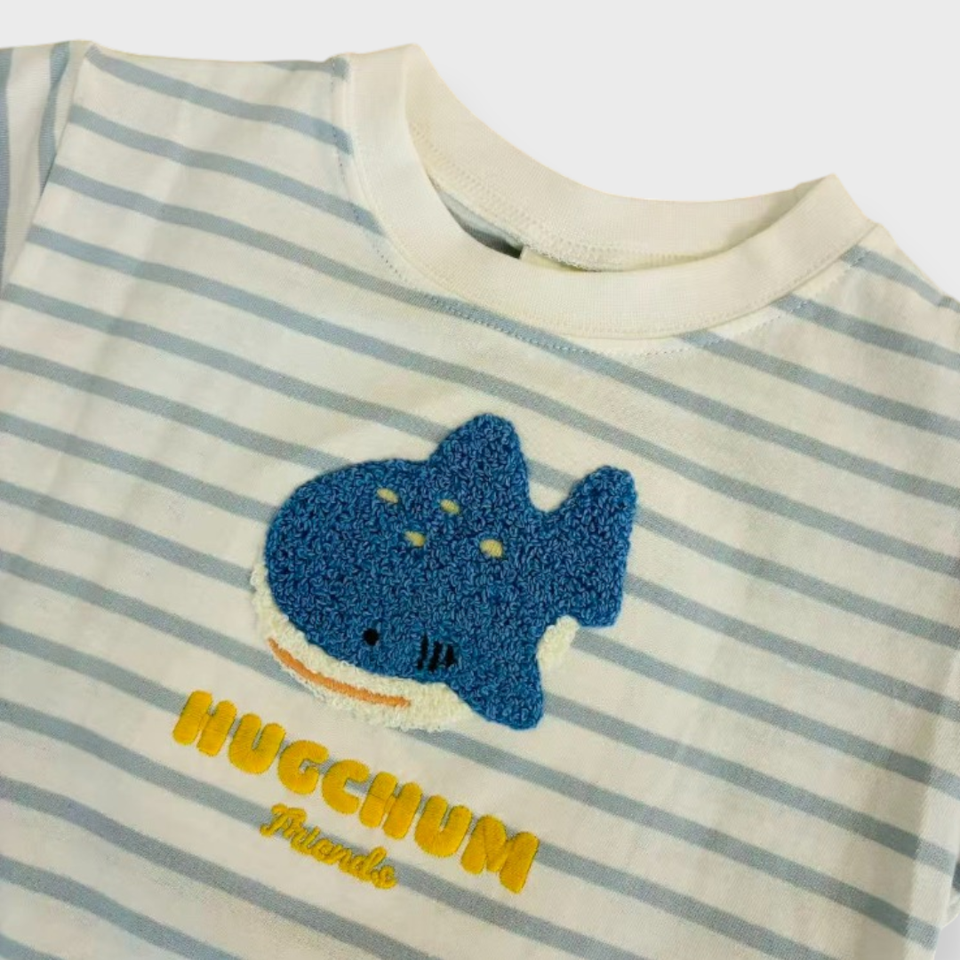 Kids (Size90cm) Shark Chenille-Embroidery Striped Tee