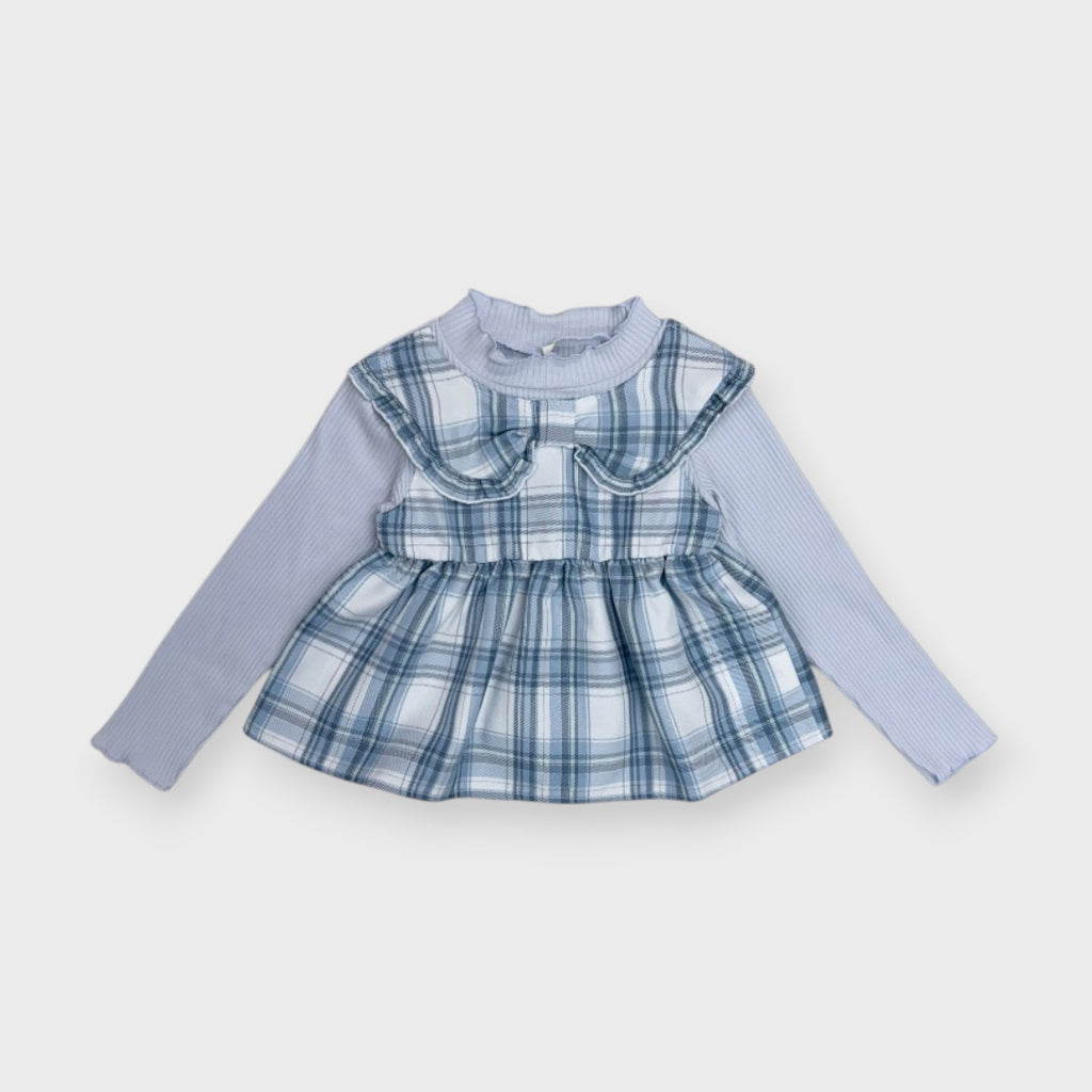 KIDS PLAID RIBBON DETAIL LAYERED LONG-SLEEVE TOP (100-120CM)