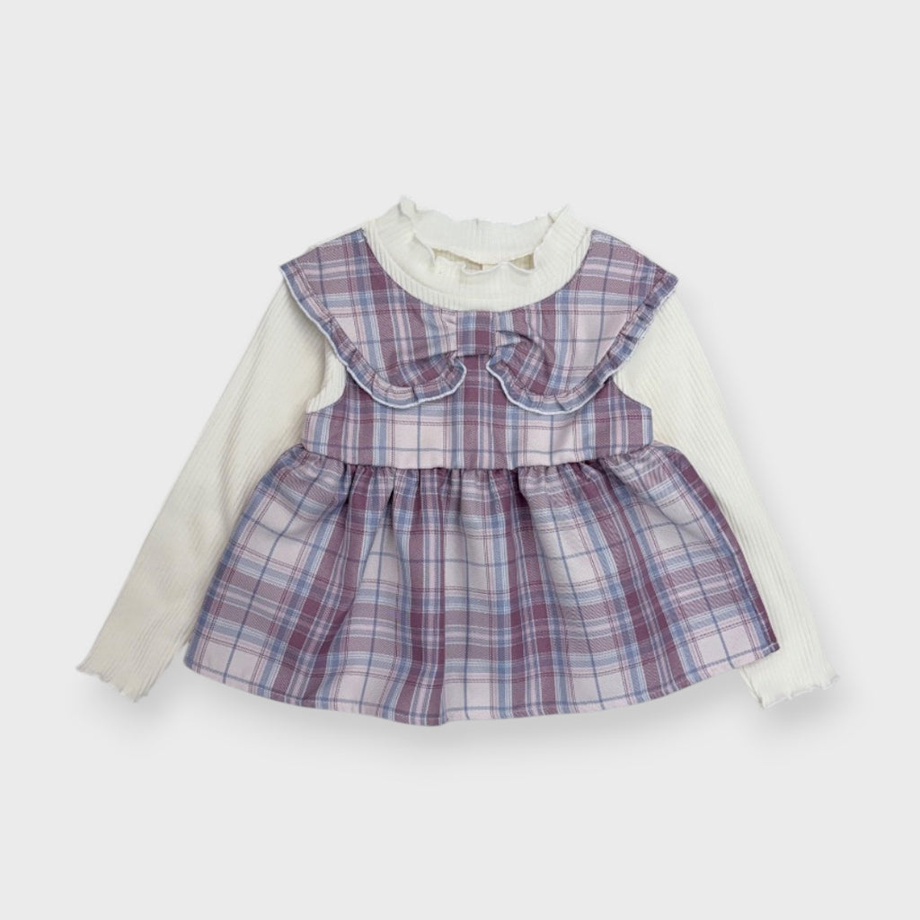 KIDS PLAID RIBBON DETAIL LAYERED LONG-SLEEVE TOP (100-120CM)