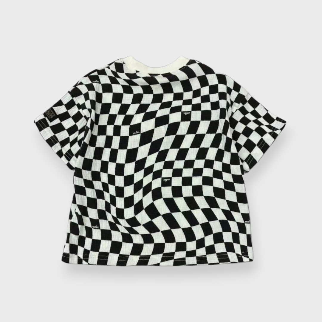 Kids (Size90cm) Warped Checkerboard Oversized Tee (Black & White)