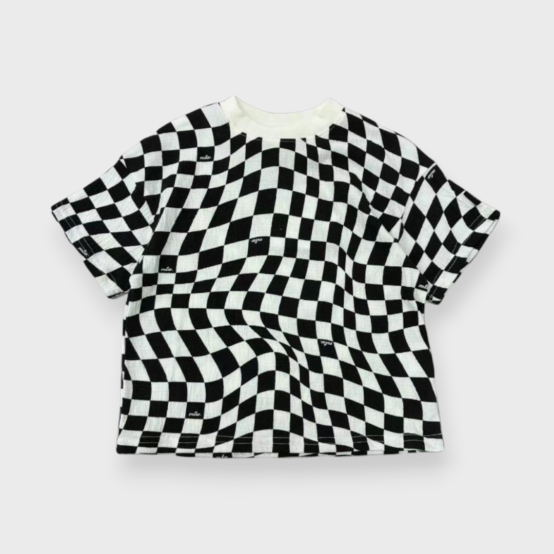 Kids (Size90cm) Warped Checkerboard Oversized Tee (Black & White)