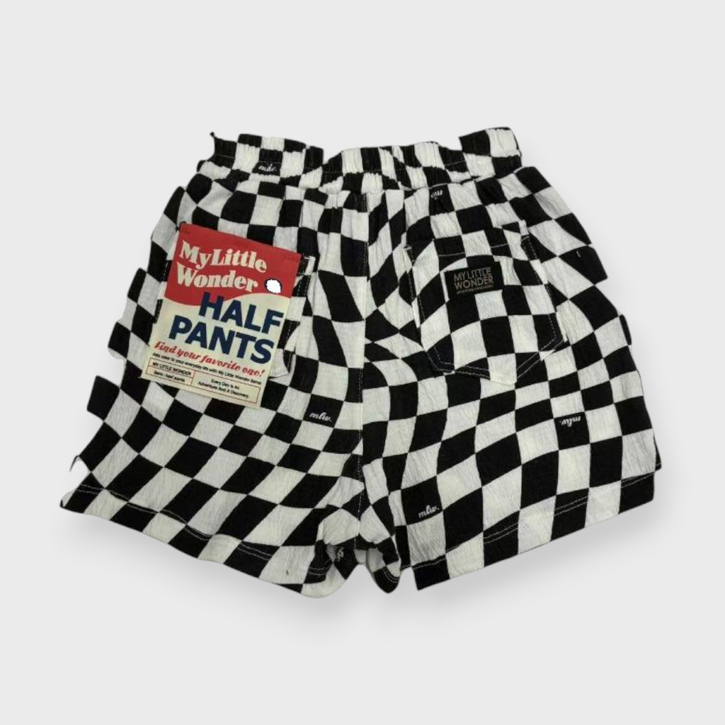 Kids (Size90cm) Warped Checkerboard Shorts (Black & White)