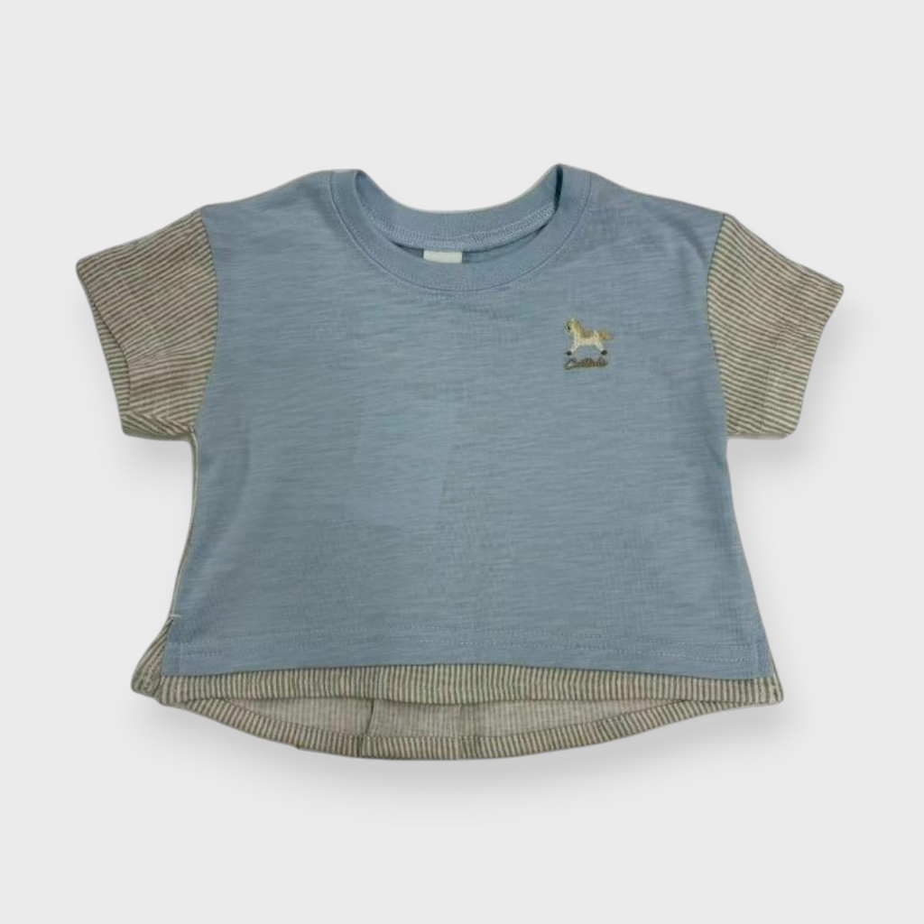 Kids (Size90cm) Colour-Block Tee with Rocking-Horse Embroidery